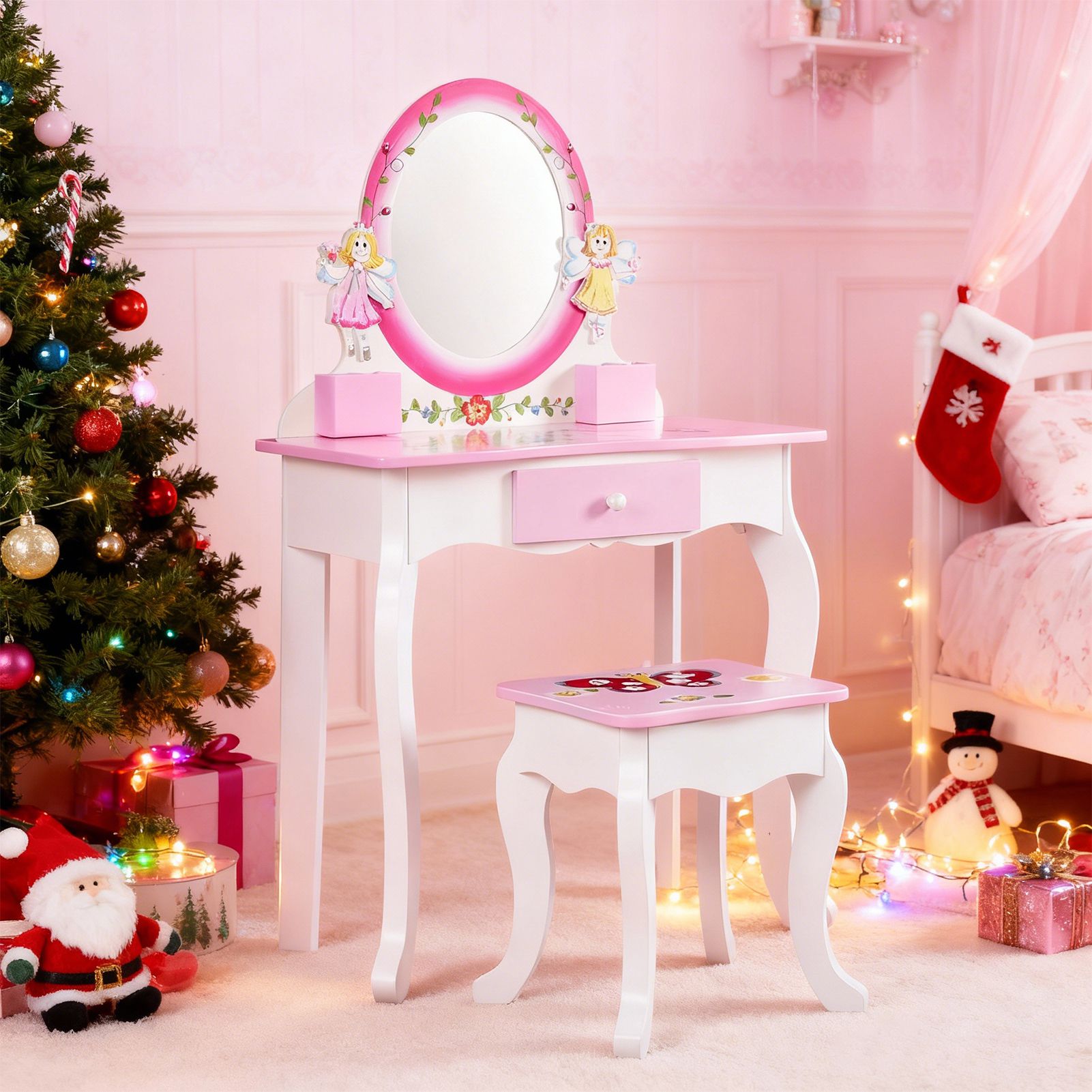 Beauty Makeup Table - Kids Vanity Set Floral Printed Wooden